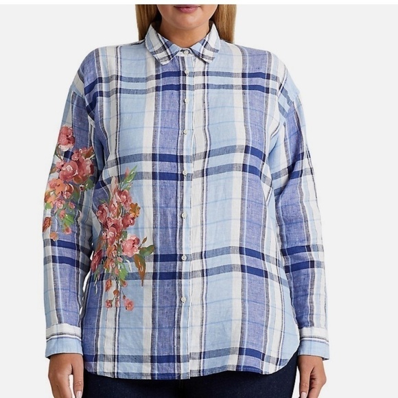 NWT Polo RALPH LAUREN LINEN PLED WHITE/BLUE FLORAL BUTTON DOWN SHIRT SIZE US XL - Picture 7 of 8